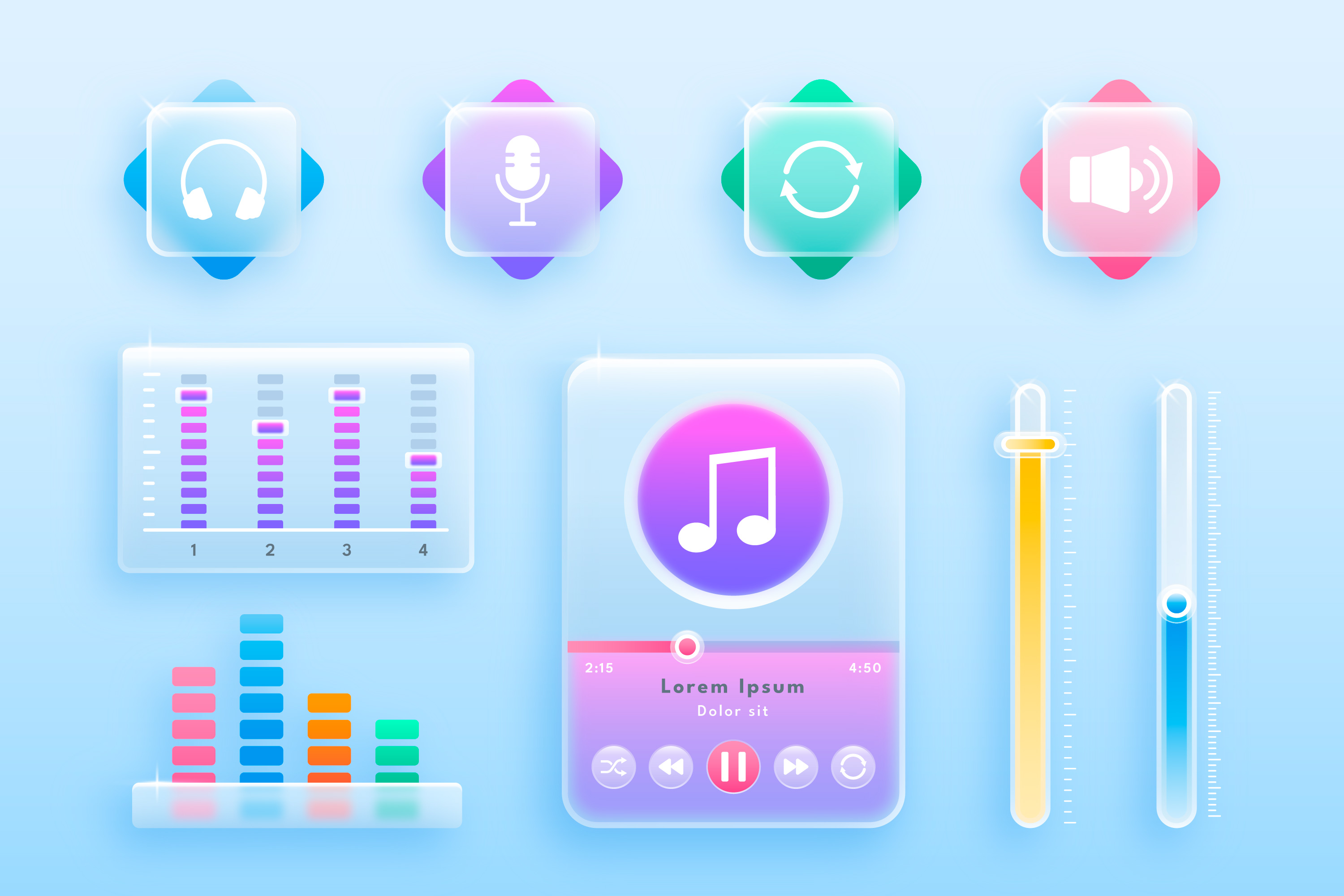interface de Player Musical com múltiplas funções diferentes em Glassmorphism